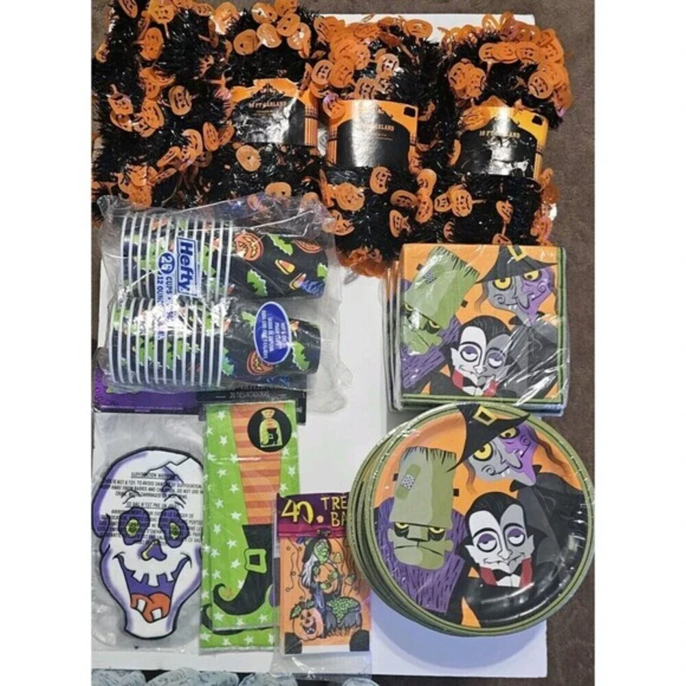 Lot of Halloween Party Supplies ‎ Napkins Plates Cups Treat Bags Garlands